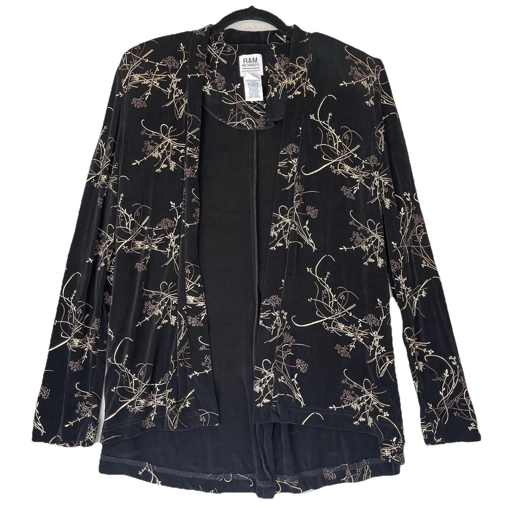 Vintage R&M Richards Karen Kwong Open Front Jacket‎ Womens 12 Black Gold Floral
